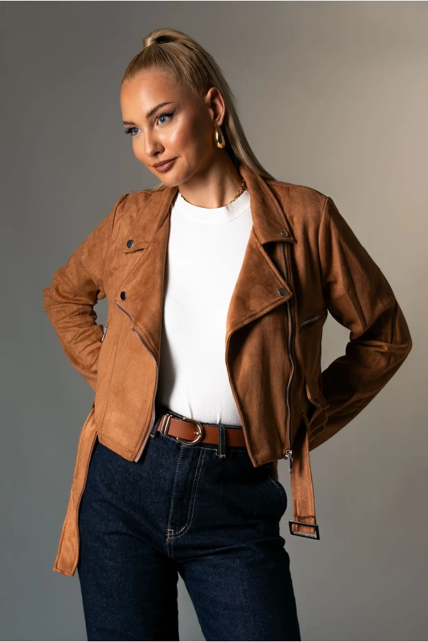 Σουέντ jacket με ζώνη και φερμουάρ ταμπά
