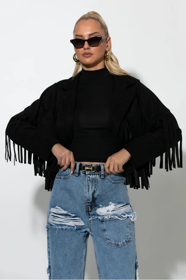 Σουέντ jacket με κρόσια μαύρο