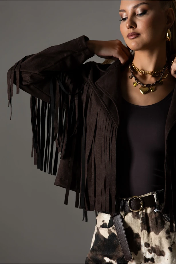 Σουέντ jacket με κρόσια καφέ Σουέντ jacket με κρόσια καφέ