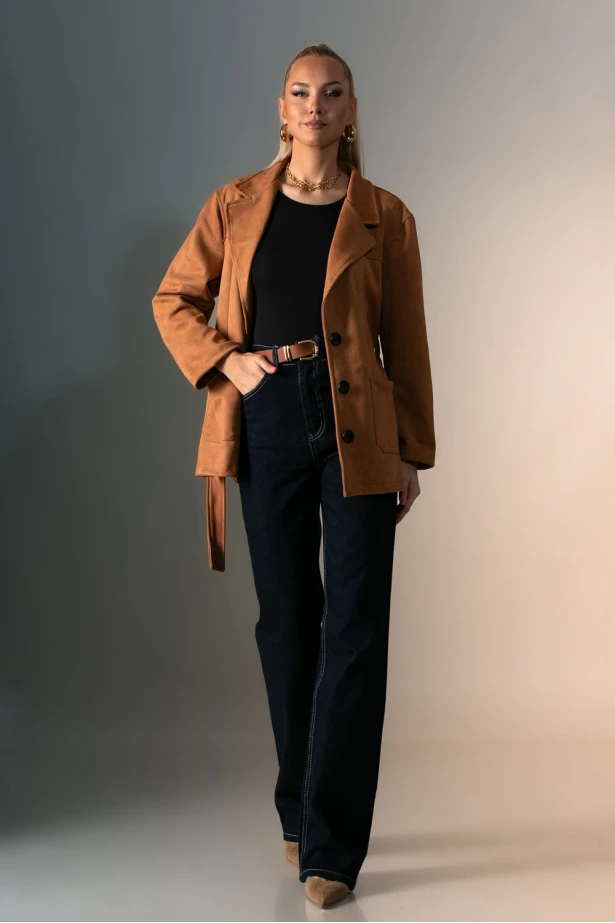 Blazer σουέντ με κουμπιά και ζώνη ταμπά