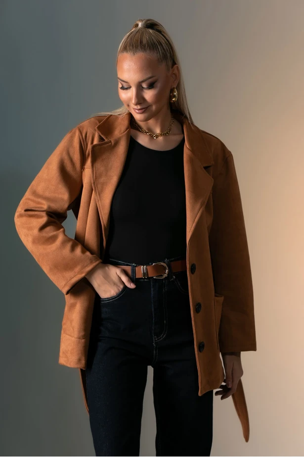 Blazer σουέντ με κουμπιά και ζώνη ταμπά