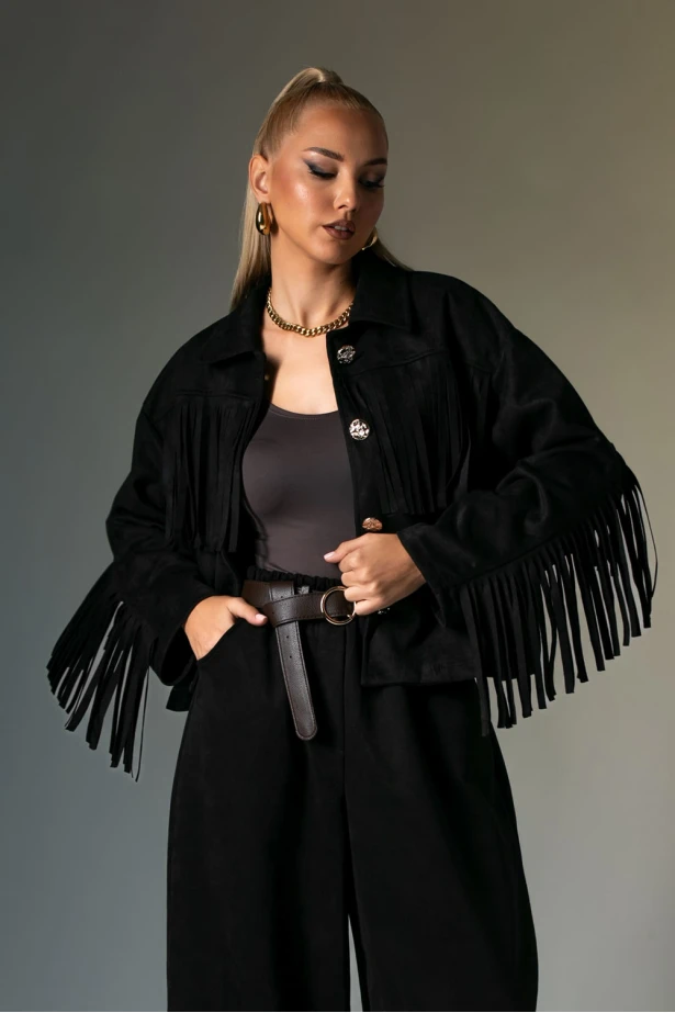 Σουέντ jacket με κρόσια και χρυσά κουμπιά μαύρο Σουέντ jacket με κρόσια και χρυσά κουμπιά μαύρο