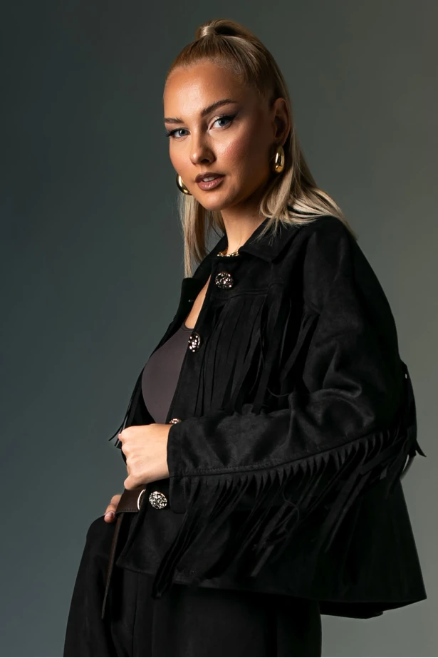 Σουέντ jacket με κρόσια και χρυσά κουμπιά μαύρο Σουέντ jacket με κρόσια και χρυσά κουμπιά μαύρο