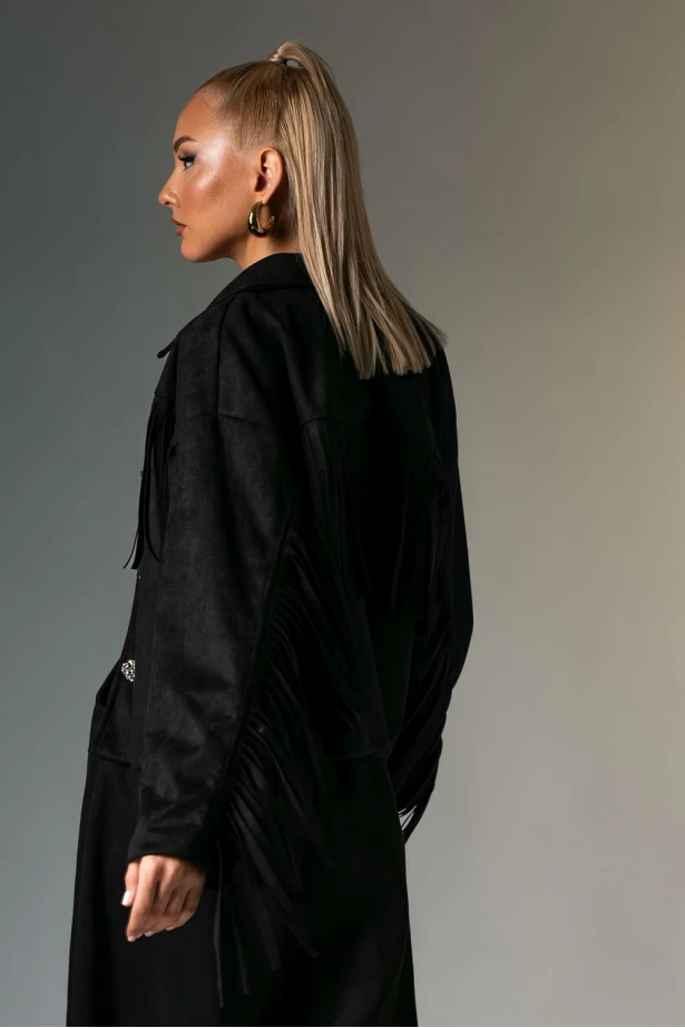 Σουέντ jacket με κρόσια και χρυσά κουμπιά μαύρο Σουέντ jacket με κρόσια και χρυσά κουμπιά μαύρο