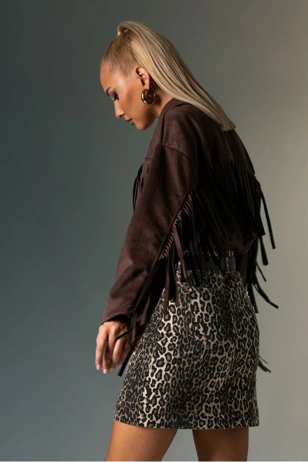 Σουέντ jacket με κρόσια και χρυσά κουμπιά καφέ Σουέντ jacket με κρόσια και χρυσά κουμπιά καφέ