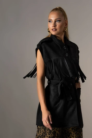 Jacket σουέντ αμάνικο με κρόσια μαύρο