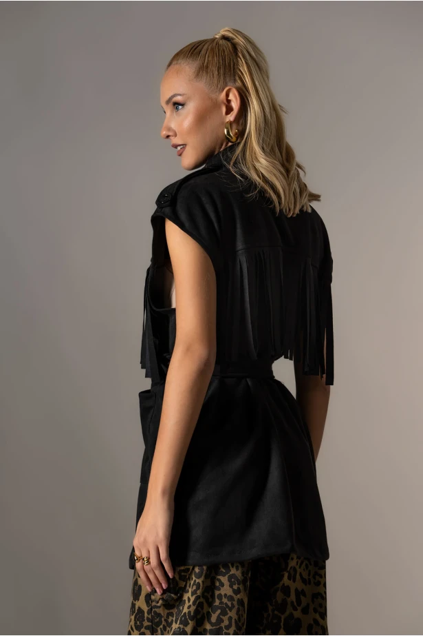 Jacket σουέντ αμάνικο με κρόσια μαύρο Jacket σουέντ αμάνικο με κρόσια μαύρο