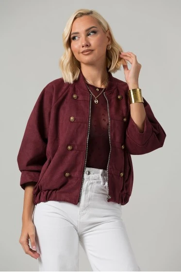 Jacket bomber σουέντ με χρυσές λεπτομέρειες και τρουακάρ μανίκια λαδί