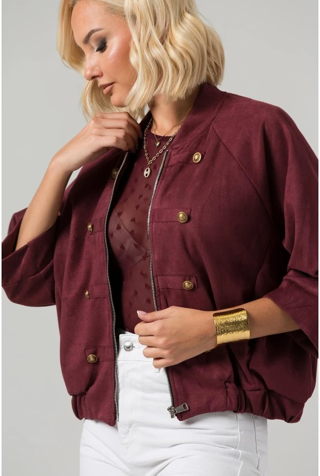 Jacket bomber σουέντ με χρυσές λεπτομέρειες και τρουακάρ μανίκια μπορντό