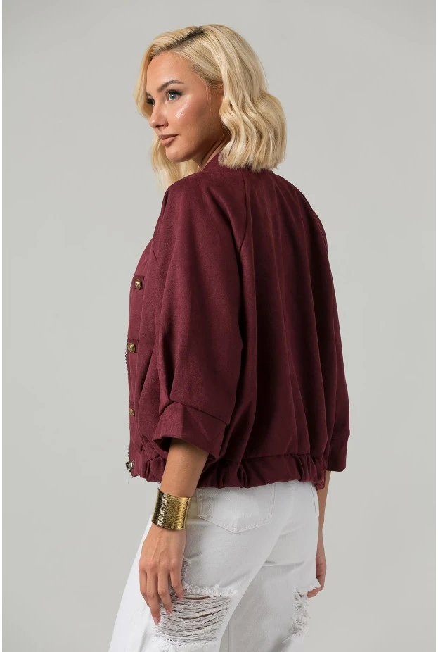 Jacket bomber σουέντ με χρυσές λεπτομέρειες και τρουακάρ μανίκια μπορντό