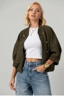Jacket bomber σουέντ με χρυσές λεπτομέρειες και τρουακάρ μανίκια λαδί