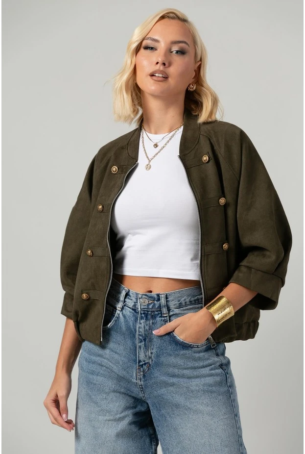 Jacket bomber σουέντ με χρυσές λεπτομέρειες και τρουακάρ μανίκια λαδί