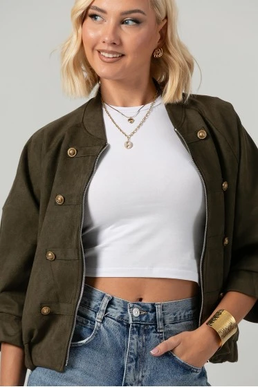Jacket bomber σουέντ με χρυσές λεπτομέρειες και τρουακάρ μανίκια λαδί