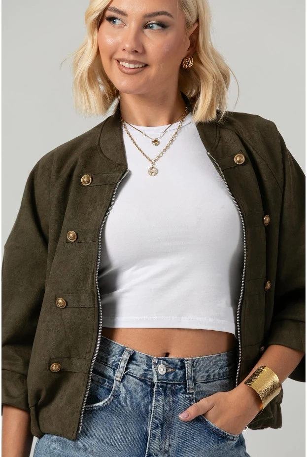 Jacket bomber σουέντ με χρυσές λεπτομέρειες και τρουακάρ μανίκια λαδί