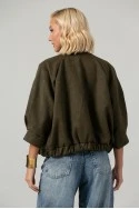 Jacket bomber σουέντ με χρυσές λεπτομέρειες και τρουακάρ μανίκια λαδί