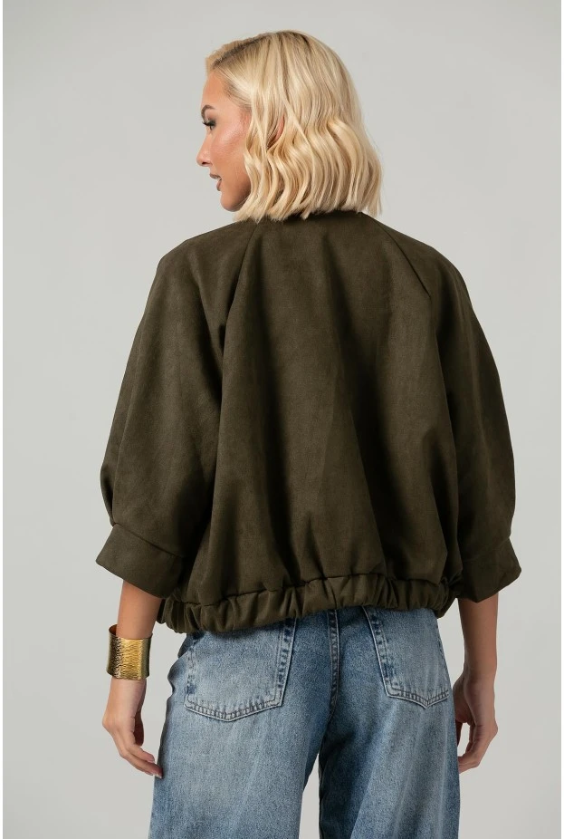 Jacket bomber σουέντ με χρυσές λεπτομέρειες και τρουακάρ μανίκια λαδί