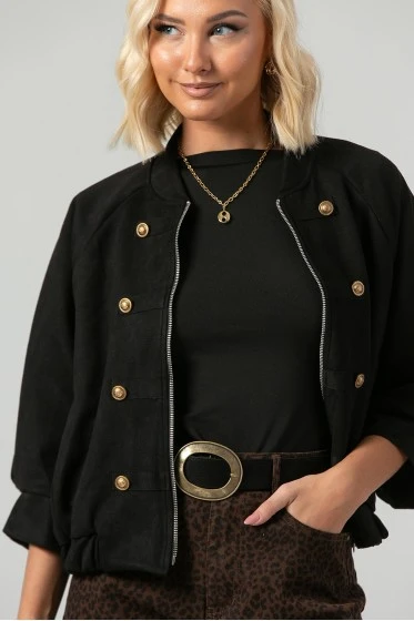 Jacket bomber σουέντ με χρυσές λεπτομέρειες και τρουακάρ μανίκια μαύρο