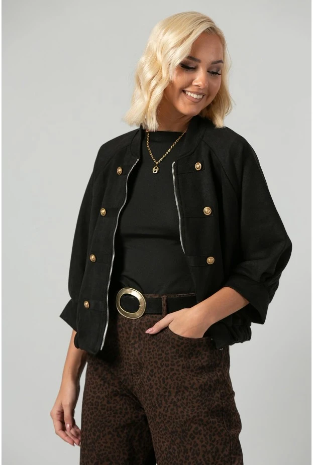 Jacket bomber σουέντ με χρυσές λεπτομέρειες και τρουακάρ μανίκια μαύρο