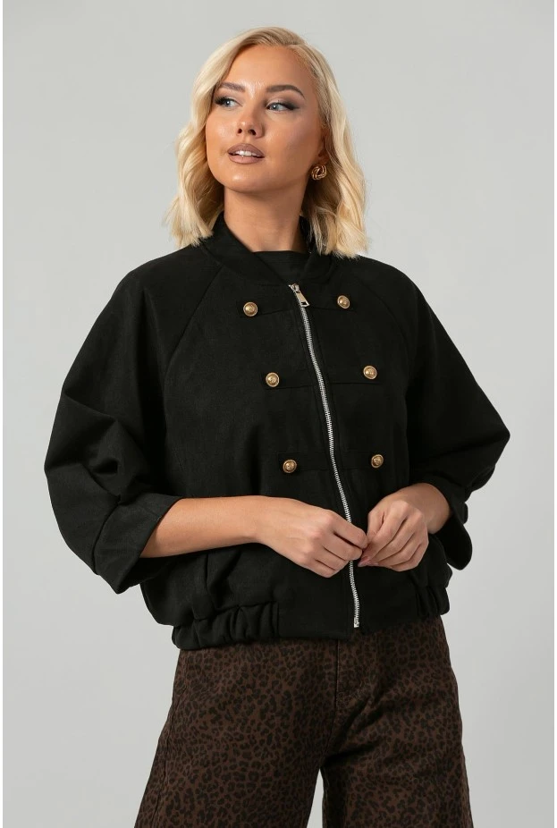 Jacket bomber σουέντ με χρυσές λεπτομέρειες και τρουακάρ μανίκια μαύρο