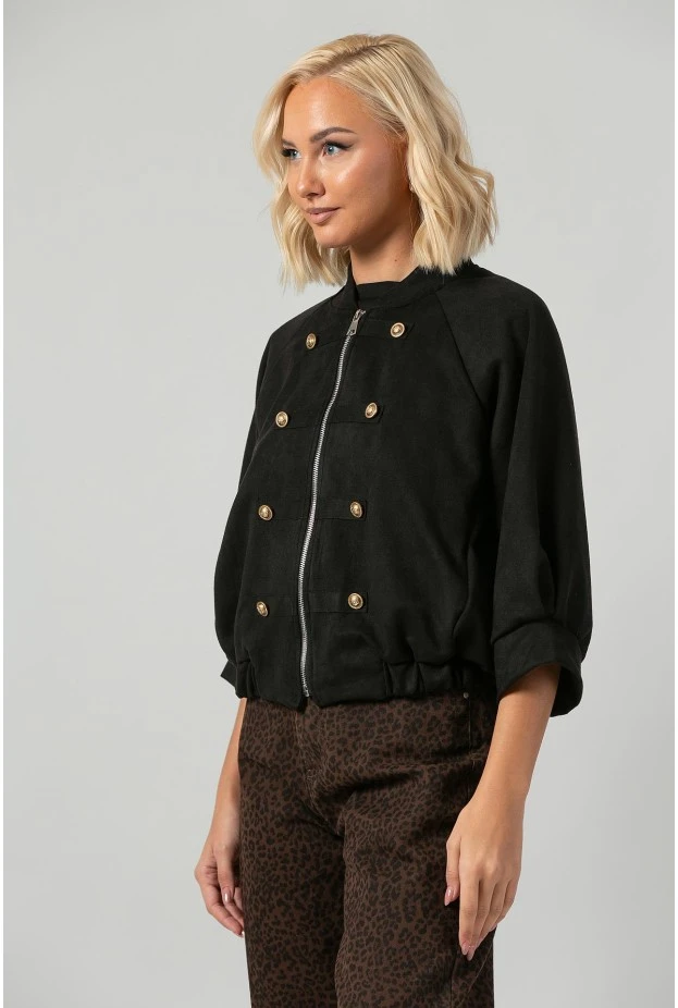 Jacket bomber σουέντ με χρυσές λεπτομέρειες και τρουακάρ μανίκια μαύρο