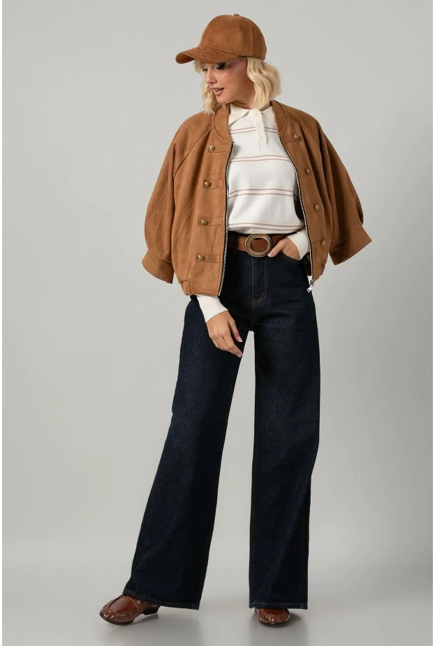 Jacket bomber σουέντ με χρυσές λεπτομέρειες και τρουακάρ μανίκια ταμπά