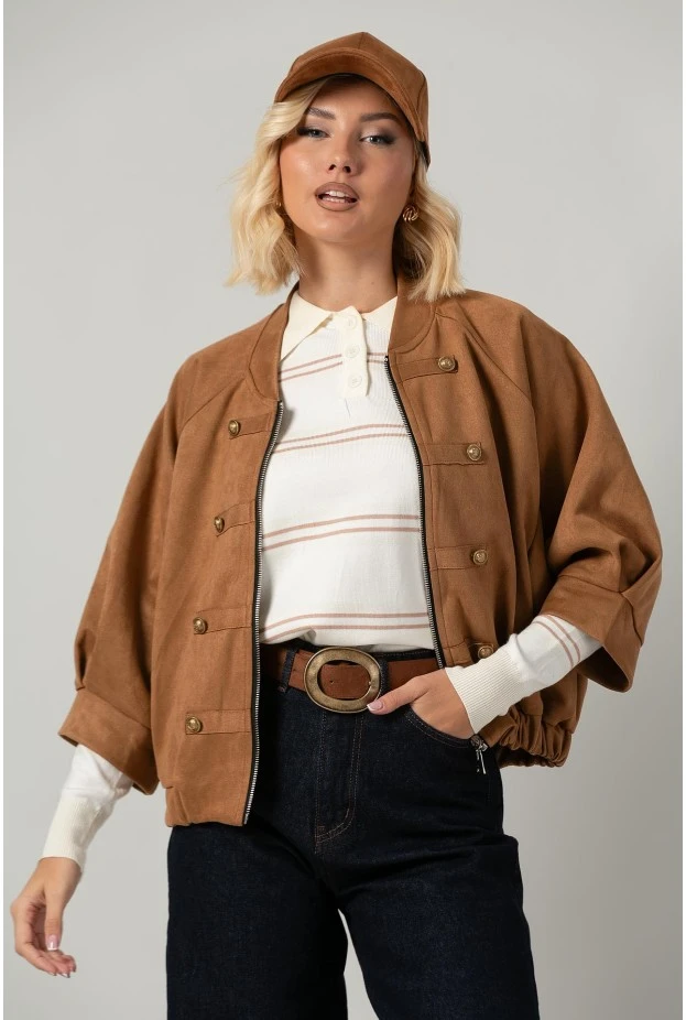 Jacket bomber σουέντ με χρυσές λεπτομέρειες και τρουακάρ μανίκια ταμπά