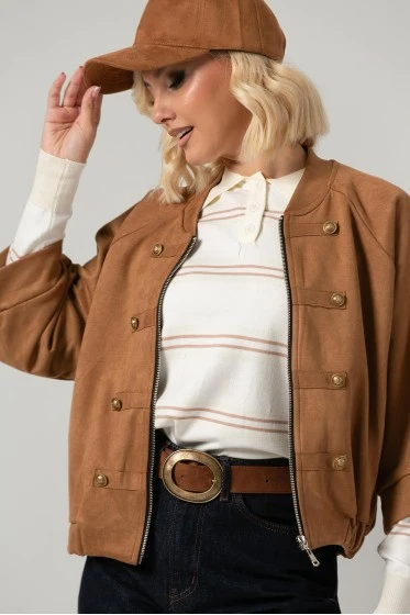 Jacket bomber σουέντ με χρυσές λεπτομέρειες και τρουακάρ μανίκια λαδί