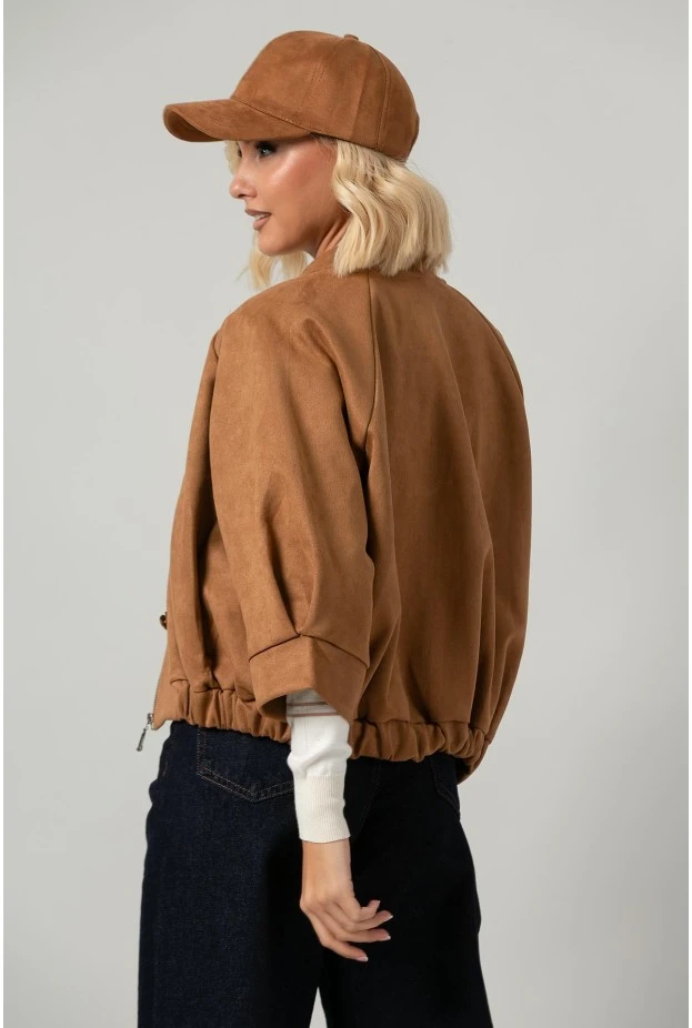 Jacket bomber σουέντ με χρυσές λεπτομέρειες και τρουακάρ μανίκια ταμπά