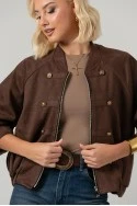 Jacket bomber σουέντ με χρυσές λεπτομέρειες και τρουακάρ μανίκια καφέ