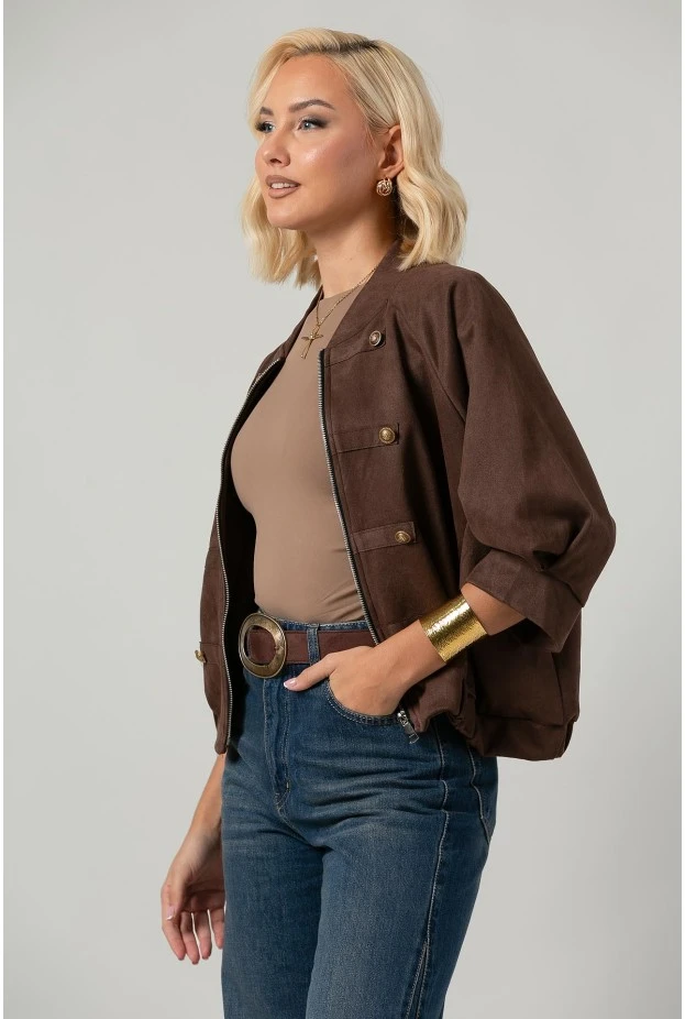 Jacket bomber σουέντ με χρυσές λεπτομέρειες και τρουακάρ μανίκια καφέ