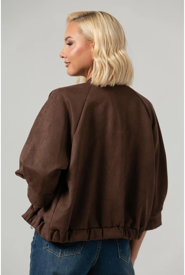 Jacket bomber σουέντ με χρυσές λεπτομέρειες και τρουακάρ μανίκια καφέ