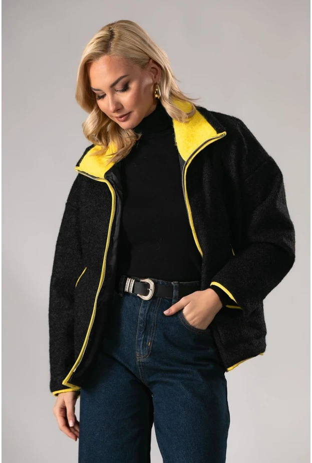 Jacket μπουκλέ με κίτρινες λεπτομέρειες μαύρο