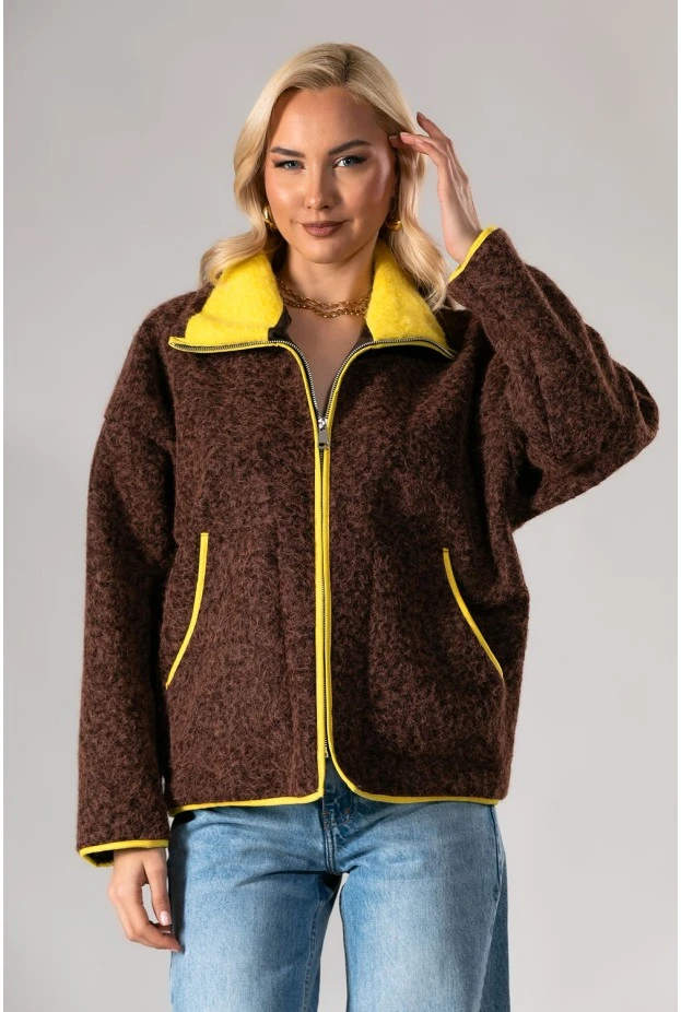 Jacket μπουκλέ με κίτρινες λεπτομέρειες καφέ