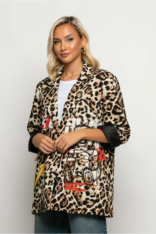 Blazer leopard print με στάμπα bear μπεζ
