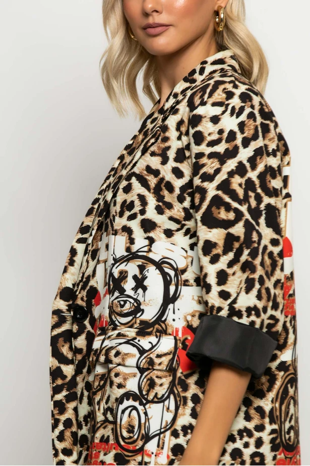 Blazer leopard print με στάμπα bear μπεζ