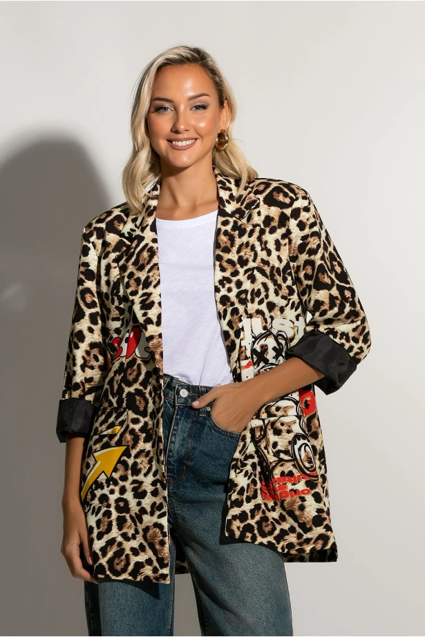 Blazer leopard print με στάμπα bear μπεζ
