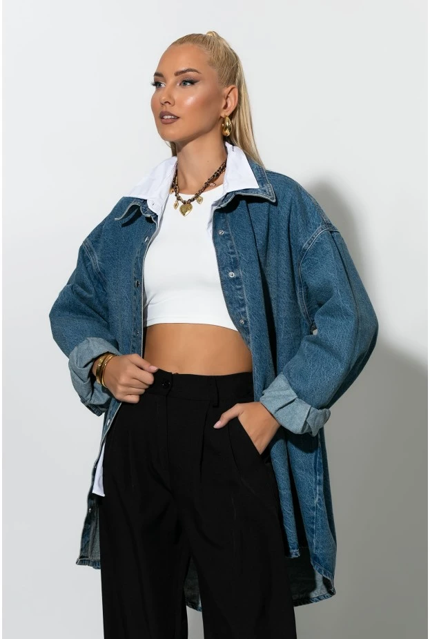 Oversized jean jacket με κουμπιά μπλε