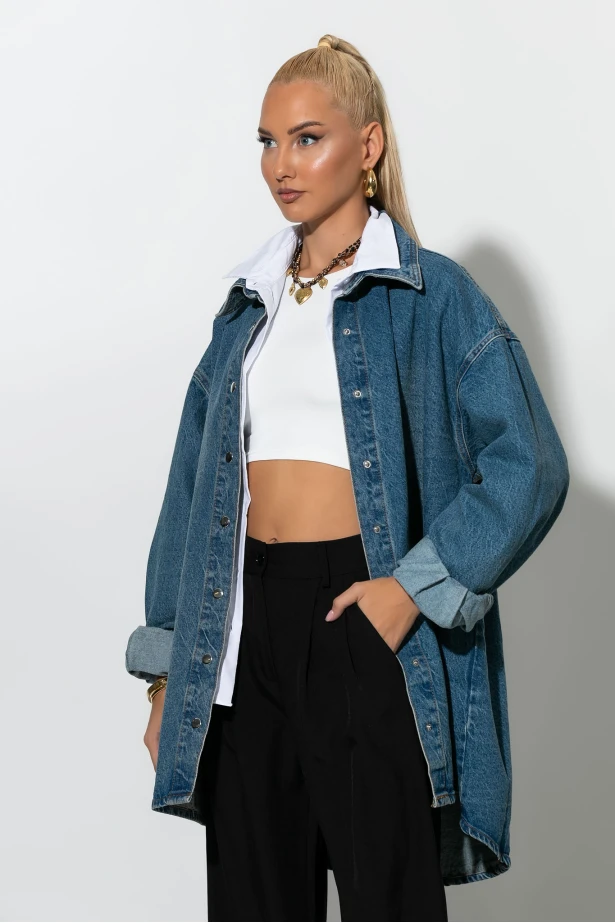 Oversized jean jacket με κουμπιά μπλε