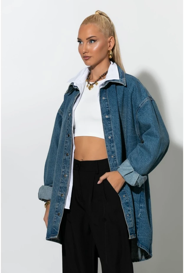 Oversized jean jacket με κουμπιά μπλε