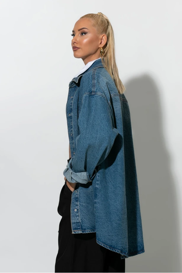 Oversized jean jacket με κουμπιά μπλε