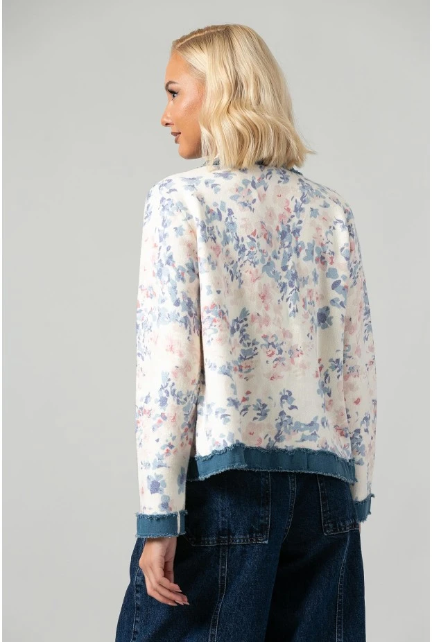 Πλεκτή ζακέτα floral με τζιν λεπτομέρειες λευκό