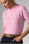 Πλεκτή κοντομάνικη μπλούζα με ψηλό λαιμό και πέρλες ροζ