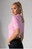 Πλεκτή κοντομάνικη μπλούζα με ψηλό λαιμό και πέρλες ροζ