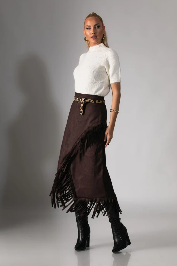 Πλεκτή κοντομάνικη μπλούζα με ψηλό λαιμό και πέρλες εκρού