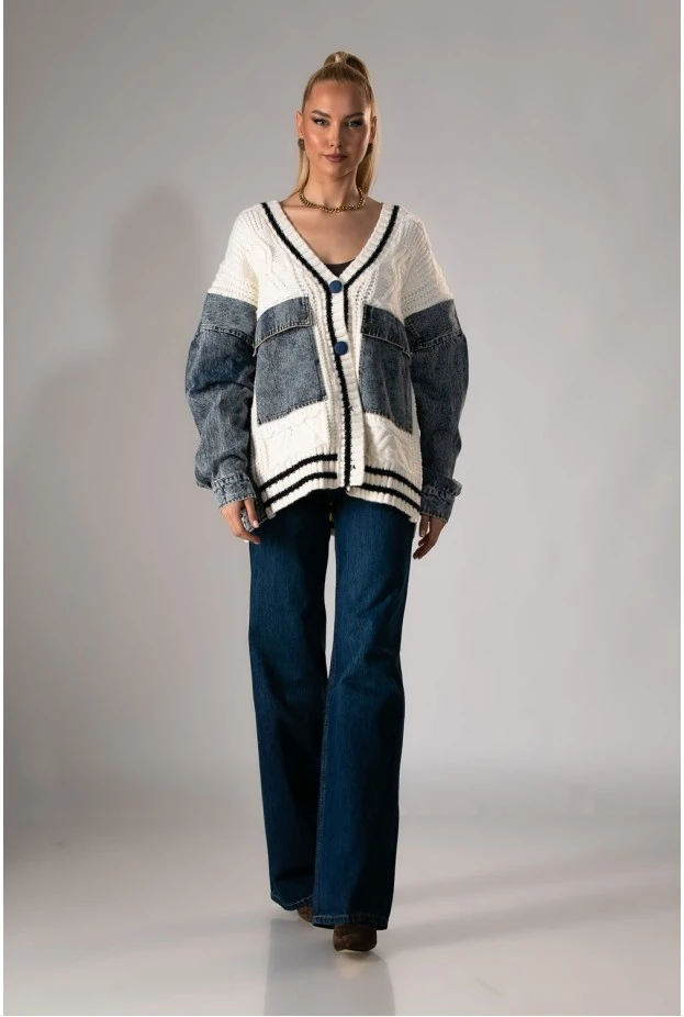 Πλεκτό jacket με jean λεπτομέρεια εκρού 