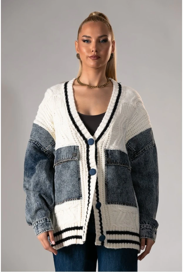 Πλεκτό jacket με jean λεπτομέρεια εκρού 