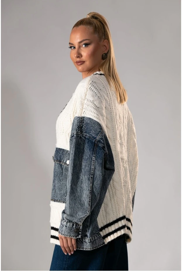 Πλεκτό jacket με jean λεπτομέρεια εκρού 