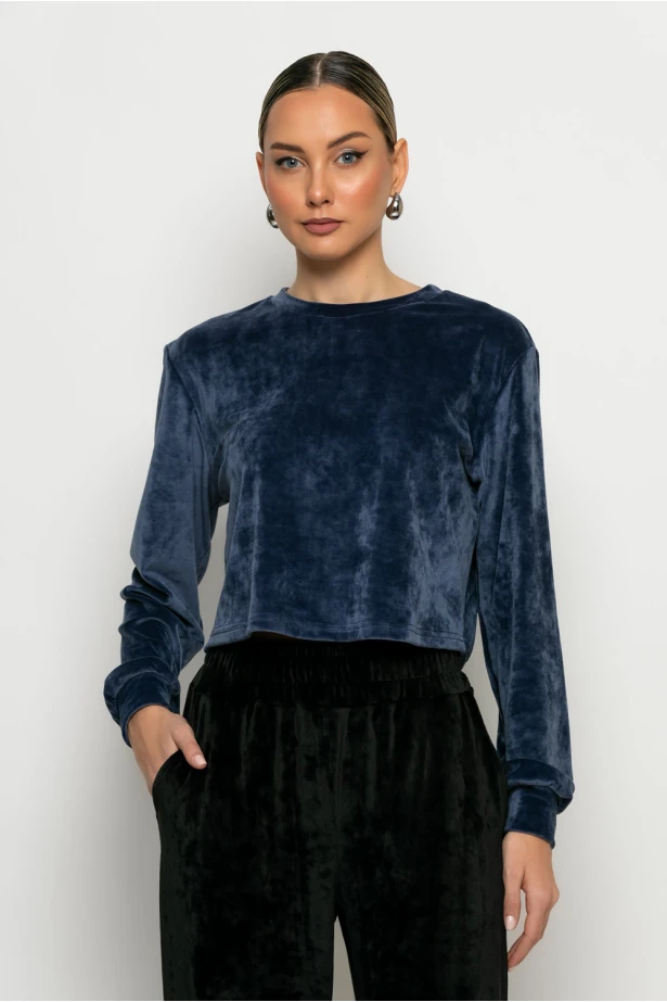 Cropped μπλούζα βελούδο dark indigo Cropped μπλούζα βελούδο dark indigo