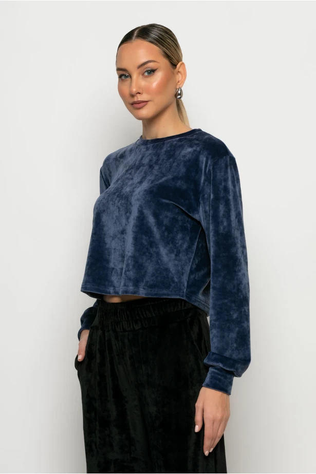 Cropped μπλούζα βελούδο dark indigo Cropped μπλούζα βελούδο dark indigo