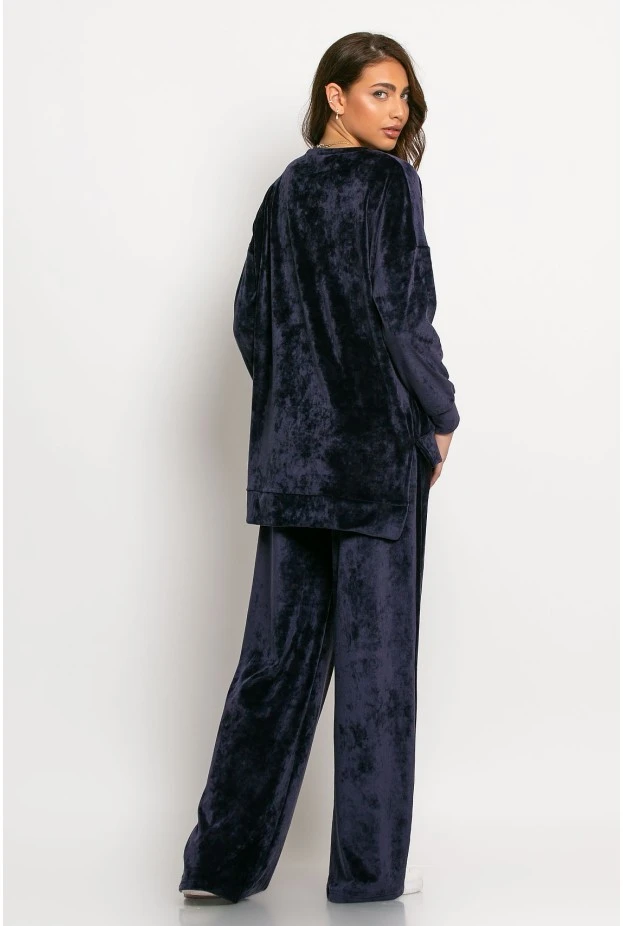 Σετ βελούρ μπλούζα και wide leg παντελόνι night blue